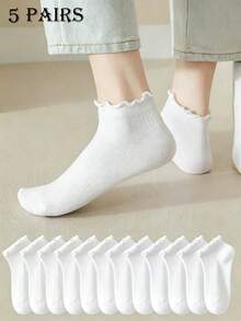5 pares de calcetines cortos de mujer de color blido con volantes acanalados, transpirables y amigables con la piel, adecuados para el verano, versátiles, de estilo casual, combinables con todo, de tela cómoda, aptos para uso tanto en exteriores como en interiores - Blanco - Ver 7