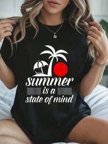 100% Algodón El Verano Es Un Estado De Mente - Camiseta de Vacaciones en la Playa 3061 Camiseta Casual de Manga Corta con Cuello Redondo para Primavera y Verano Ropa de Mujer para Primavera y Verano, Ropa de Tallas Grandes para MujerConjuntos de Vacaciones de Verano 2026 - Negro - Ver 1