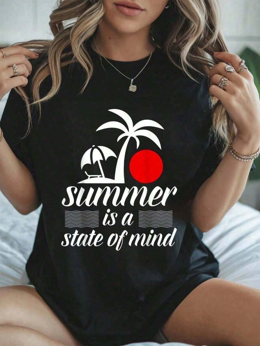 100% Algodón El Verano Es Un Estado De Mente - Camiseta de Vacaciones en la Playa 3061 Camiseta Casual de Manga Corta con Cuello Redondo para Primavera y Verano Ropa de Mujer para Primavera y Verano, Ropa de Tallas Grandes para MujerConjuntos de Vacaciones de Verano 2026 - Negro - Ver 1