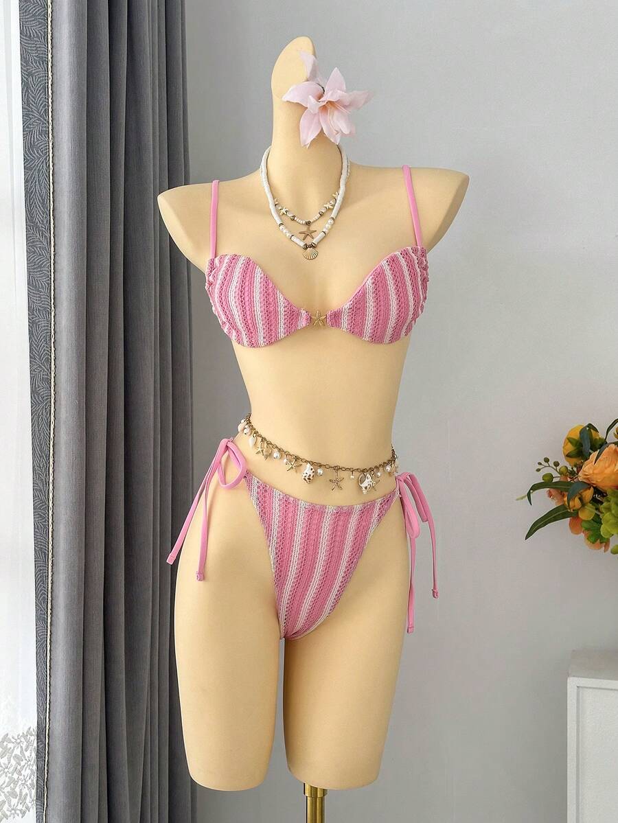 Traje de Baño de Dos Piezas Estilo Bandeau con Cuello Halter y Rayas, Sexy, para Vacaciones en la Playa, Estilo Ins, 2026 - z26027 Bikini individual - Rosa - Ver 1