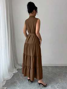 Women's Single-Breasted Sleeveless Shirt Dress With Ruffled Hem In Solid Color - Brown - View 2