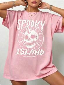 Gothic Punk Cotton T-Shirt,Spooky Island Skull Graphic Tee,Womens Street Concert Summer Top,Short Sleeve,Dark Aesthetic,Y2K Style,Edgy Fashion - 粉色 - 查看 4