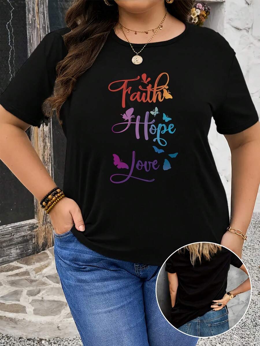 Camiseta de algodón puro de talla grande para mujer, estilo casual de manga corta - estampado inspirador de mariposas con las palabras "Fe, Esperanza, Amor", cuello redondo elástico, lavable a máquina, cómoda camiseta de primavera/verano, bonita camiseta de manga corta, corte holgado, estilo moderno, material suave, camiseta estampada, exclusiva para amantes de la moda. - Negro - Ver 1