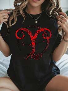 Elegante y casual para mujer, manga corta, camiseta blanca con estampado del signo zodiacal Aries para mujer, ropa casual, top de moda de verano. - Negro - Ver 8