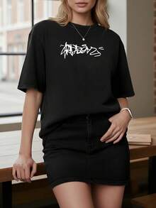 Women's Comfortable And Washed Vintage Casual T-Shirt, Short Sleeve Round Neck T-Shirt, 100% Washed Cotton And Versatile For Men, Suitable For Daily Wear And Outfits, Unisex Style. - 黑色 - 查看 7