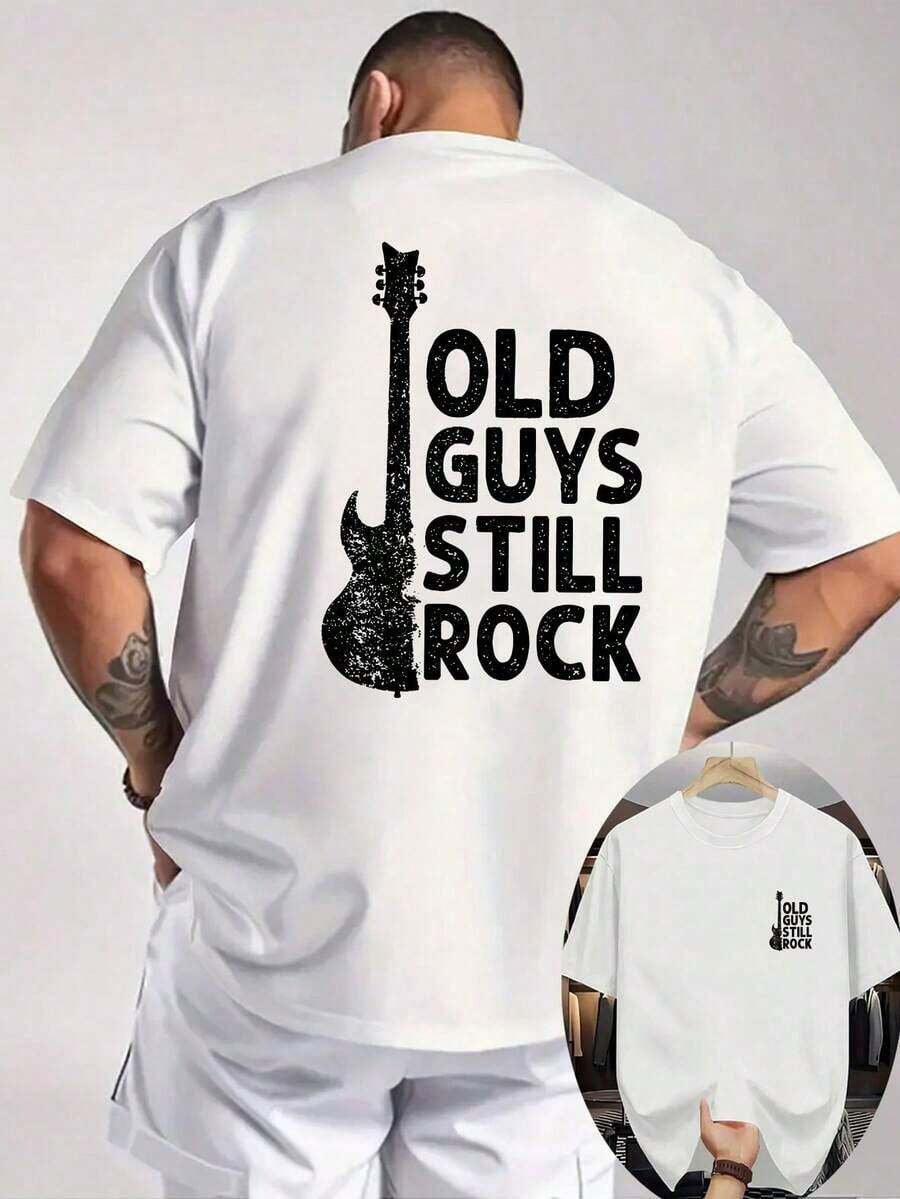Regalo [Camiseta Deportiva] Nueva Camiseta Casual Estampada para Hombre de Verano con Cuello Redondo Acanalado y Mangas Cortas. Hecho de tela de punto, ofrece una sensación refrescante y cómoda. Cuenta con impresión a doble cara con un diseño de guitarra, lo que la convierte en una camiseta de verano estampada ideal para personas relajadas y de talla grande. Suave. - Blanco - Ver 1
