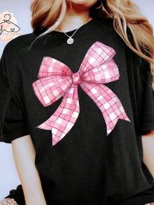 Pink Plaid Bow T-Shirt: Coquette Trendy Teeblusas para mujer playeras de mujer vestidos casuales para mujer y2k playeras deportivas para mujer verano camisetas ropa de mujer Fashion Perfect For Daily - Negro - Ver 1