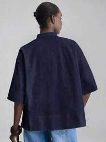 de diseño versátil y casual de serie esencial con sensación de lujo minimalista, con cuello redondo, hombros caídos y diseño suelto, silueta corta por delante y larga por detrás, de estilo urbano moderno y elegante para oficina, ideal para bod - Azul marino - Ver 3