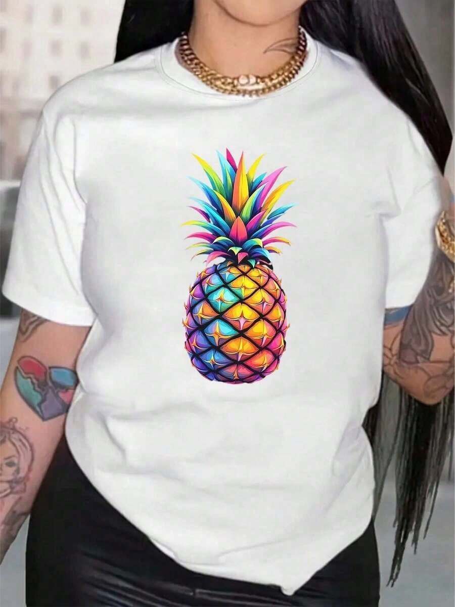 Casual T-ShirtPineapple T-Shirt, Colorful Neon Tropical Fruit Shirt, Retro Summer Vibes Shirt, Vacation Shirt, Boho Style Beach Tee, Pineapple Lover Tee-1100% CottonDurable - 白色 - 查看 1