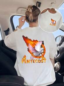 NewSummerCasualWhite Dove Surrounded By Fire Symbolizing The Power Of The Holy Spirit And Inner Renewal With Pure Energy And Hope Double-Sided Ladies' T-Shirt 100% Cotton 220g-Vintage Street Style Unisex Loose Cotton Short Sleeve Crew Neck T-Shirt - 白色的 - 查看 6