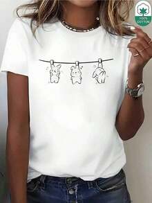 ModaModaCamiseta de Verano para Mujer con Estampado de Conejo - 100% Algodón 180g, Corte Holgado, Manga Corta, Cuello Redondo, Estilo Casual, Adecuada para Uso Diario y Viajes - Blanco y Negro - Blanco - Ver 6
