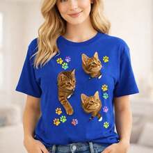 Camiseta de algodón casual para mujer, camiseta oversize con estampado de gatito en 3D y huellas de patas coloridas, top de manga corta de corte holgado para uso diario, camiseta básica suave y cómoda para amantes de los gatos. - Azul - Ver 8