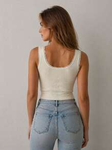 Women's Lace Patchwork Fitted Casual Knit Top - White - View 4