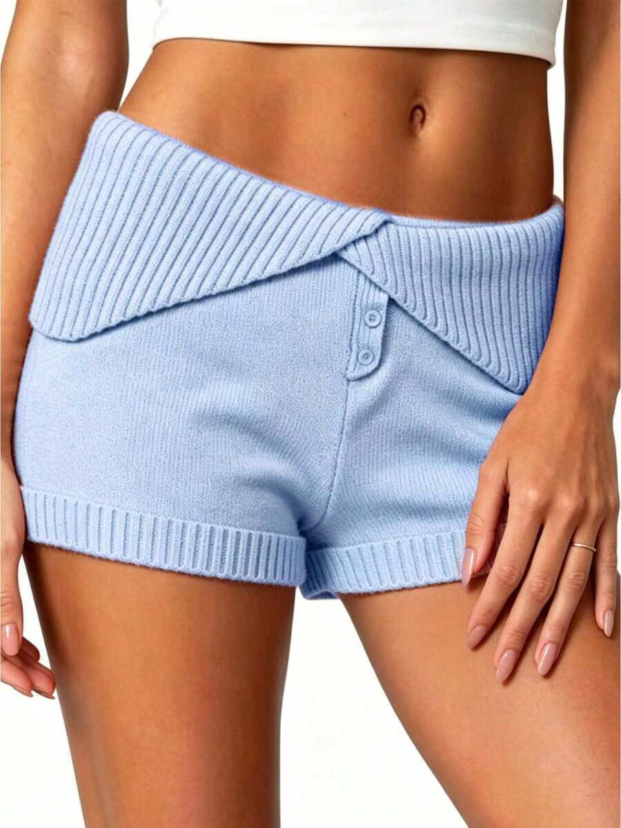Women's Knit Micro Shorts Casual Slim Fit Buttons Ribbed Elastic Low Rise Mini Shorts Loungewear - Azul - Ver 1