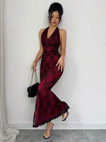 xheRafferiza Elegante vestido largo de punto con malla, cuello en V, cintura fruncida y bajo de cola de pez con forro rojo rosa para mujeres, otoño/inviernoxhe - Multicolor 5 - Ver 6