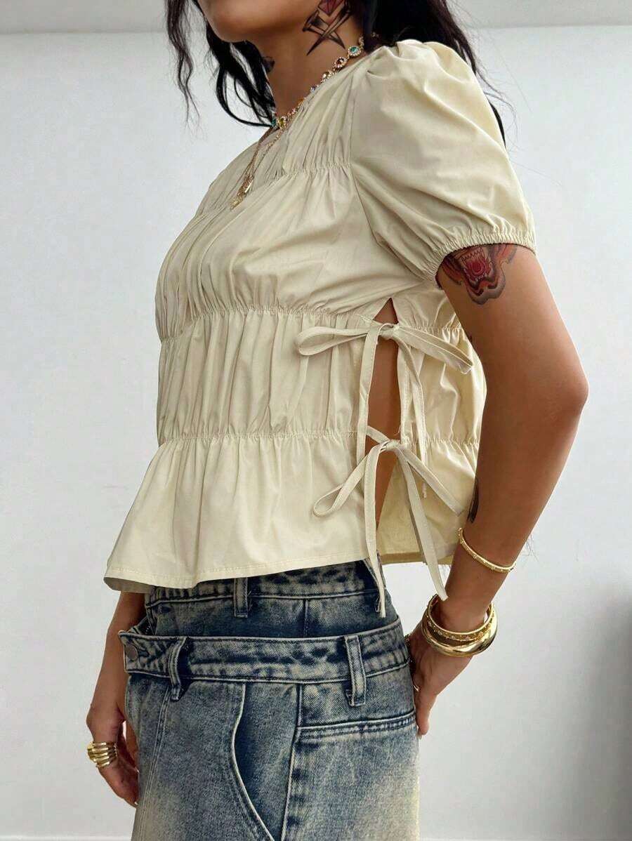 Blusas de mujer con manga corta, cuello redondo, fruncido, encaje y abertura lateral para primavera y verano, estilo Y2K ideal para citas, festivales de música y conciertos - Caqui - Ver 1