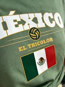 Camiseta de manga corta con estampado de la bandera tricolor mexicana verde salvia, para uso casual, deportivo y diario en veranoConjuntos de Vacaciones de Verano 2026 - Verde militar - Ver 2