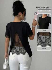 Camiseta casual de mujer con parches de encaje en estilo A-line, de estilo romántico francés, adecuada para la oficina y el uso diario, primavera/verano - Negro - Ver 7