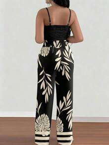 Set de 2 piezas con top de tirantes con estampado floral y pantalones anchos con cintura elástica y lazo para mujeres - Negro 2 - Ver 2