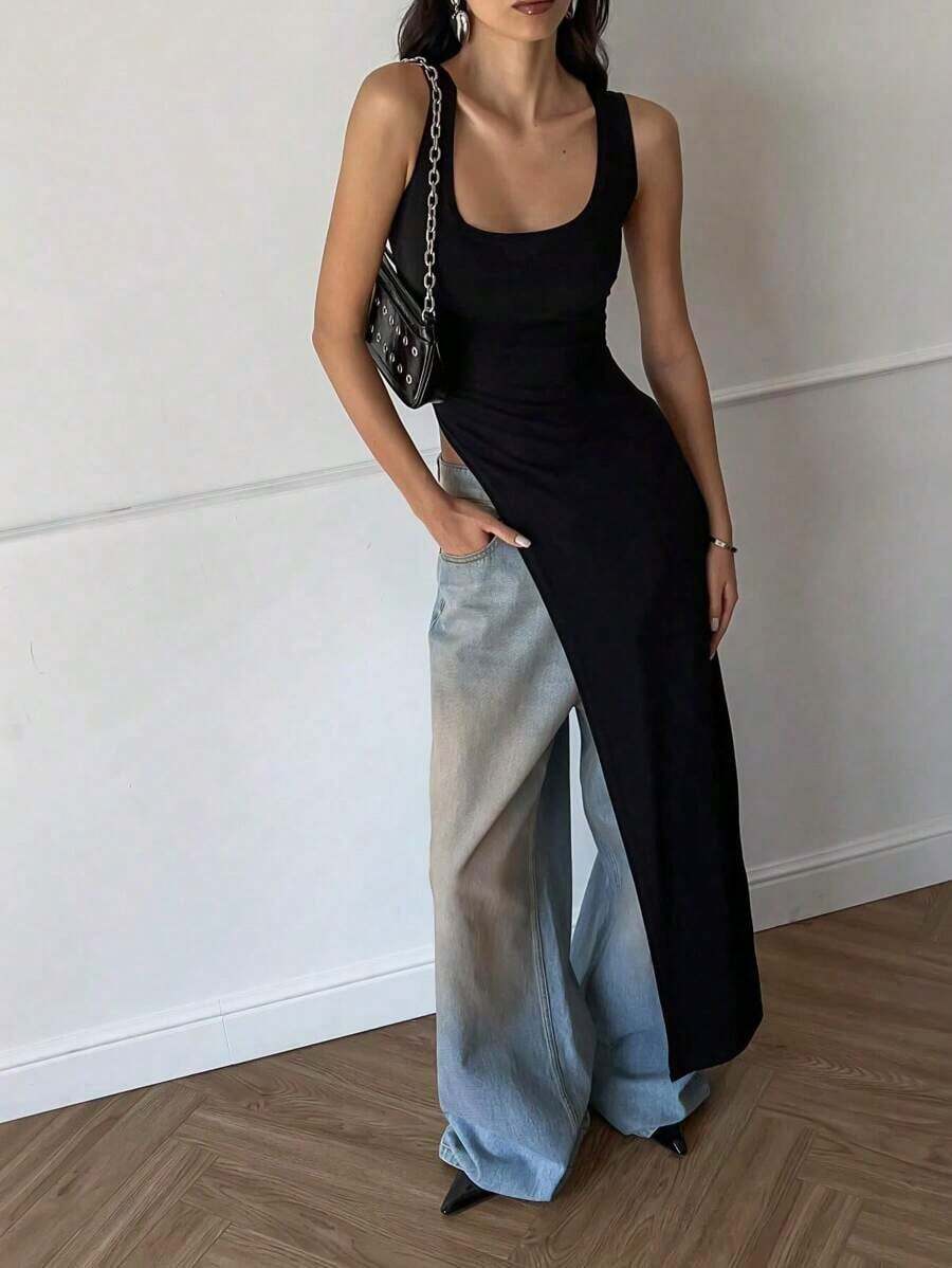 Nueva Camiseta Sin Mangas De Mujer Con Dobladillo Dividido Súper Largo Sin Mangas Estilo Oscuro Primavera Verano - Negro - Ver 1