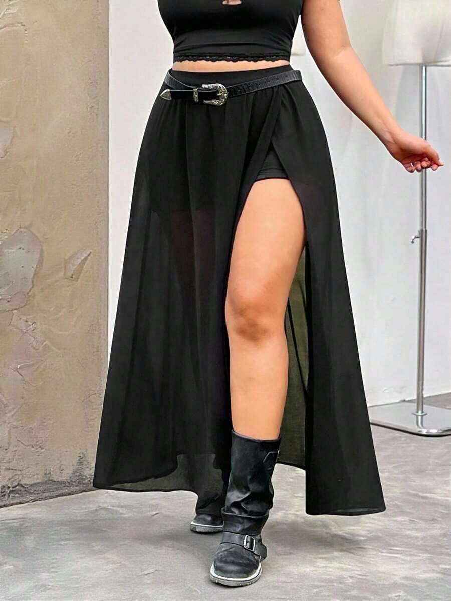 Falda larga de chifón semitransparente y con abertura lateral para mujeres de talla grande - Negro - Ver 1