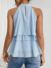 Blusa de gasa con volantes asimétricos y cuello suelto - Celeste - Ver 7