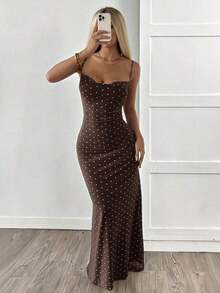 Vestido sin mangas con lunares negros para mujer - Marrón - Ver 3
