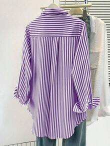 Camisa de manga larga a rayas clásica para mujer, con cuello, diseño de botones delanteros, decoración de bolsillo, adecuada para oficina y uso casual en primavera, verano, otoño e invierno - Morado - Ver 5
