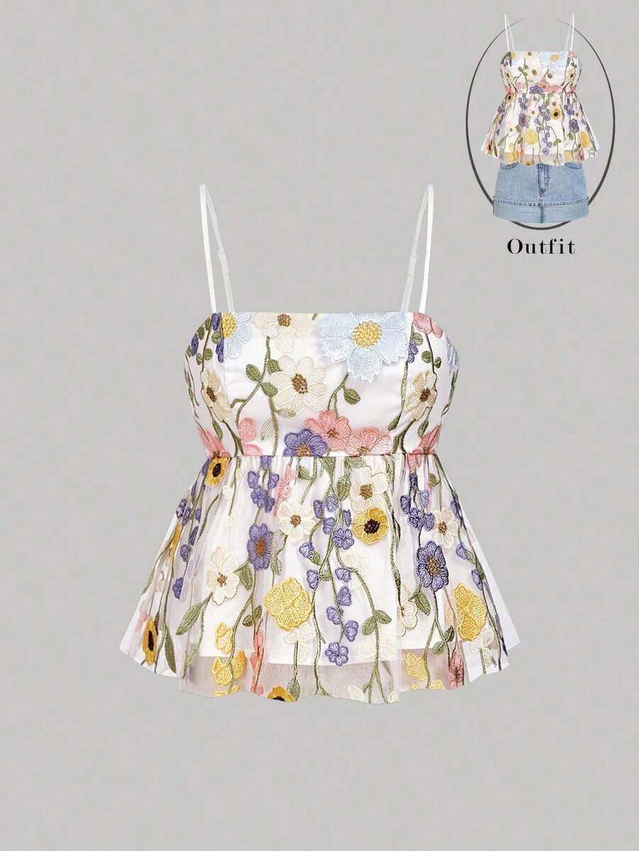 Top sin mangas con dobladillo plisado y volantes con estampado floral para vacaciones de verano y ocio - Multicolor - Ver 1