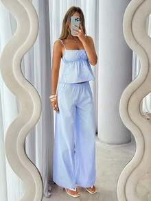 Conjunto de 2 piezas de camiseta de tirantes y pantalones a rayas de moda casual para mujer - Azul y blanco - Ver 5