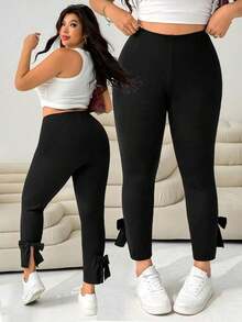 Pantalones casuales ajustados de color negro con decoración de moño y abertura lateral para mujer de talla grande, para verano, otoño, lindos, vacaciones en la playa, estilo occidental, concierto de música country, escuela, brunch - Negro 2 - Ver 2