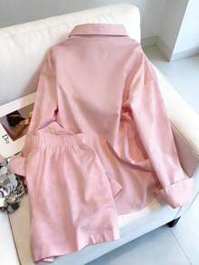 Conjunto informal de camisa de manga larga con bordado de lazo y pantalones cortos para mujer - Rosa - Ver 2