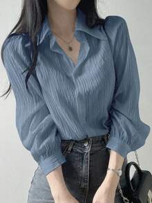 Blusa suelta de unicolor con cuello vuelto y pliegues para mujer, color morado, para primavera/verano/otoño, ropa de mujer de manga larga - Azul - Ver 3