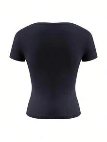 Camiseta ajustada de manga corta con cuello en V de unicolor para mujer, estilo Y2K sexy, adecuada para uso diario casual, blanco verano - Negro - Ver 4