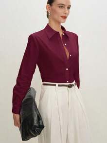 2026 Nueva Camisa Básica Versátil y Elegante para Mujer con Botones Delanteros y Cuello Mao en Color Azul Claro, Adecuada para Ir al Trabajo, Uso Diario, Estilo Retro de los 90, Navidad, Año Nuevo, Fiesta de San Valentín, Playa, Graduación, Moda, - Burdeos - Ver 4