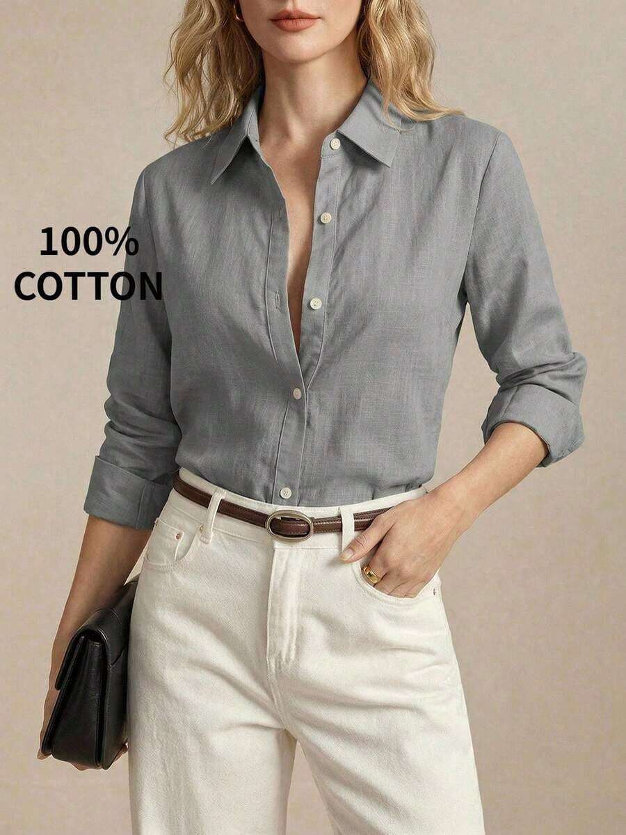2026 Nueva Camisa Básica Versátil y Elegante para Mujer con Botones Delanteros y Cuello Mao en Color Azul Claro, Adecuada para Ir al Trabajo, Uso Diario, Estilo Retro de los 90, Navidad, Año Nuevo, Fiesta de San Valentín, Playa, Graduación, Moda, - Gris - Ver 1
