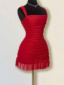 Vestido de mujer de corte ajustado sin mangas de unicolor con fruncido de tul - Rojo - Ver 5