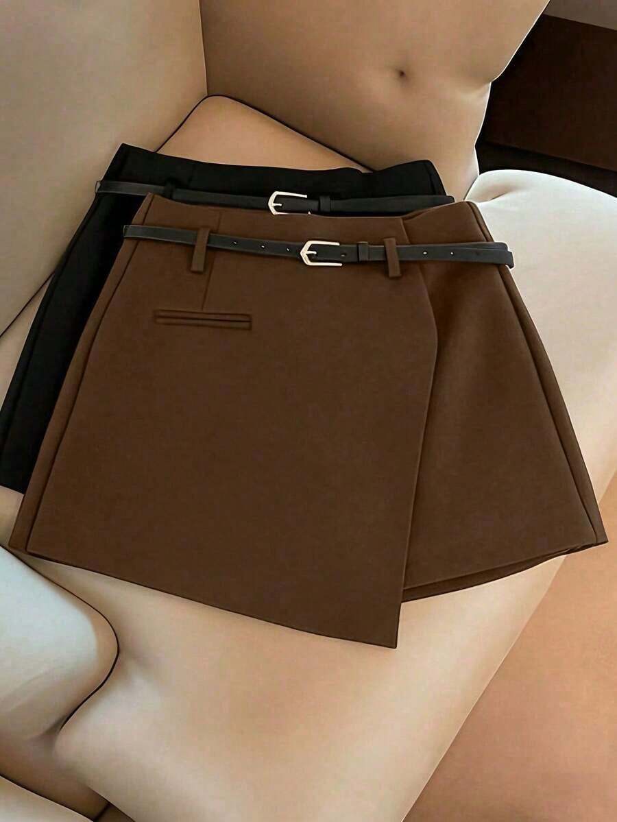 Pantalones con falda asimétrica de moda casual para ir al trabajo, pantalones cortos multifuncionales para mujer sin cinturón, pantalones con falda asimétrica a juego sin cinturón, falda asimétrica, falda con dobladillo asimétrico, falda pantalón - Café integral - Ver 1