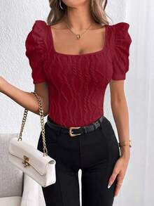 Privé Camiseta De Cuello Cuadrado Y Manga Corta Ajustada Con Textura - Burdeos - Ver 6