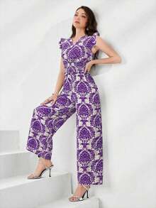 Conjunto de 2 piezas con parte superior con volantes y estampado de plantas en toda la superficie, y pantalones de pierna ancha - Morado - Ver 5