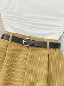Nuevo conjunto casual de 2 piezas de camiseta acanalada de unicolor y elástica, y shorts a rayas, para primavera/verano.Traje de mujer con contraste de color, adecuado para ir al trabajo y de vacaciones - Amarillo - Ver 3