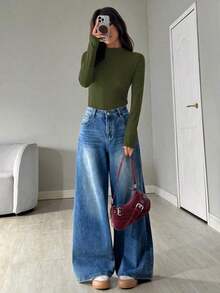 Body de mujer con cuello alto y manga larga, de uso casual - Verde militar - Ver 5