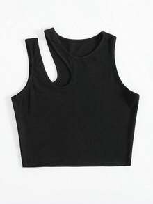 Top Sin Mangas De Punto Acanalado Con Hombro Cortado Sólido Para Verano - Negro - Ver 4