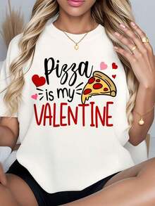 Camiseta de manga corta para mujer, camiseta de dos colores en negro y blanco para damas, camiseta con gráfico divertido de Pizza mi San Valentín para mujer, estampado de corazón y pizza, corte holgado, top casual, camiseta para el Día de San Valentín, para el hogar, actividades al aire libre, regalo para de San Valentín. - Blanco - Ver 4