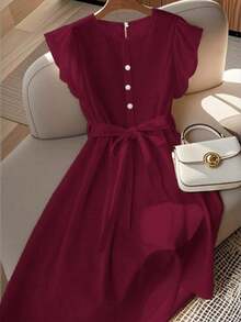 Vestido de mujer de longitud media, cómodo y suave, sin estiramiento, con cuello redondo, mangas de vuelo, cintura elástica, decoración de botones de perla, estilo francés elegante y versátil para vacaciones y viajes, color albaricoque, primavera - Burdeos - Ver 8