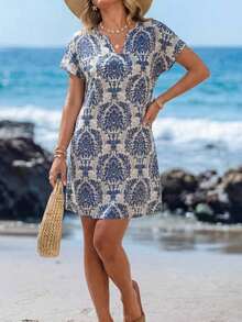 Vestido casual de mujer con estampado floral, cuello en V y manga corta para vacaciones - Azul marino 2 - Ver 6
