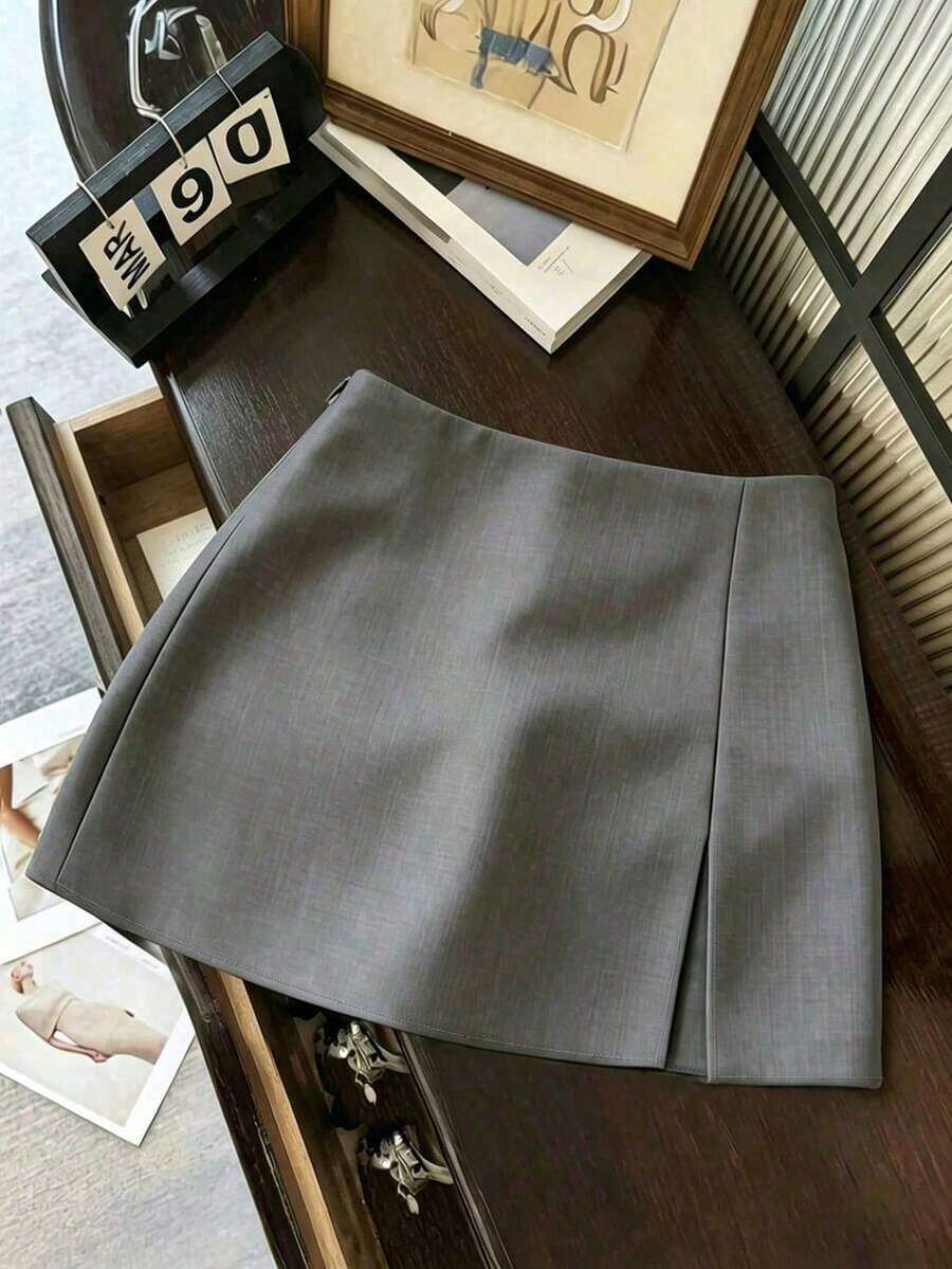 Falda de unicolor elegante, adecuada para negocios, viajes, estilo vintage romántico, casual de calle, citas, cenas, vacaciones y reuniones.Diseño con abertura lateral a la moda y sexy para primavera y verano - Gris - Ver 1