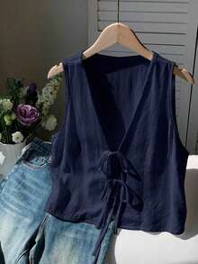 2026 Nuevo Top sin mangas con cuello en V, lazo delantero y bordado floral para mujer, ideal para vacaciones en la playa, uso casual, estilo Y2K de los 2000, primavera, graduación, fiesta de boda, vacaciones elegantes, San Valentín, carnaval, - Azul marino - Ver 1