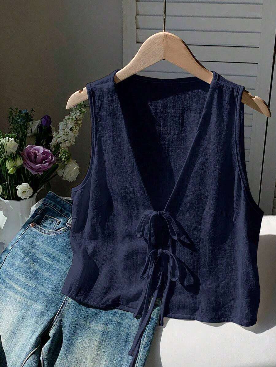 2026 Nuevo Top sin mangas con cuello en V, lazo delantero y bordado floral para mujer, ideal para vacaciones en la playa, uso casual, estilo Y2K de los 2000, primavera, graduación, fiesta de boda, vacaciones elegantes, San Valentín, carnaval, - Azul marino - Ver 1