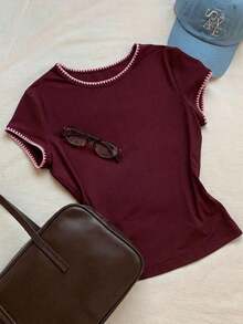 2026 Nueva Moda Camiseta Casual Versátil de Mujer con Cuello Redondo y Mangas Cortas, Contraste de Ribetes, Top de Verano, Ropa Casual de Primavera para Exteriores, Top Casual Amarillo Y2K - Rojo violeta - Ver 6